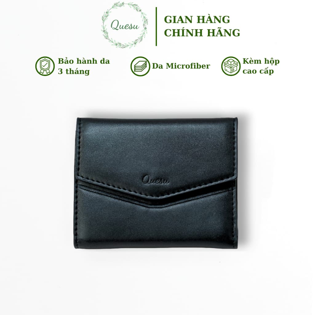 Bóp ví cầm tay nữ da Micro Quesu dáng ngang gập ba màu bạc kèm hộp quà sang trọng
